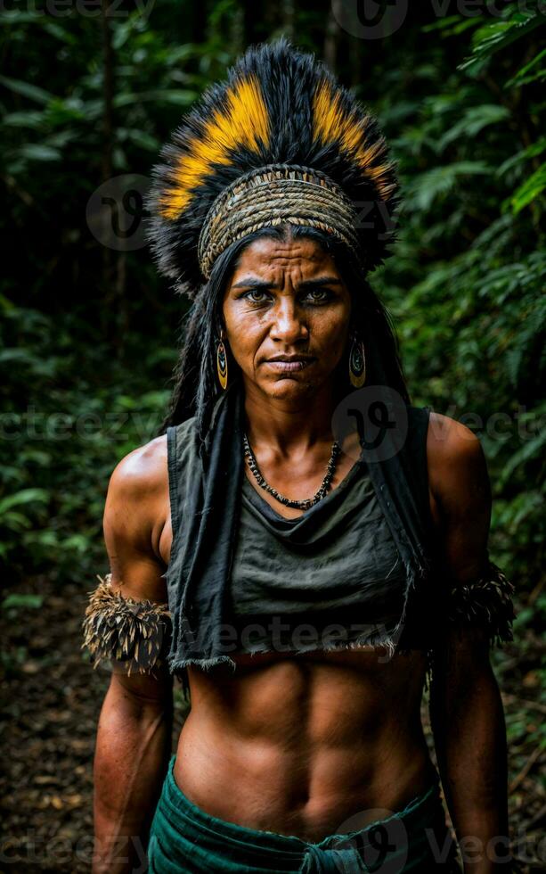 photo of savage tribal woman in the jungle, generative AI