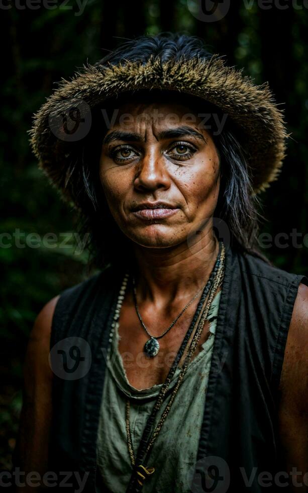 photo of savage tribal woman in the jungle, generative AI