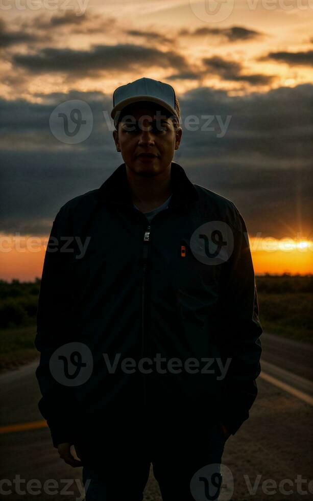 photo of truck driver with truck in background sunset scene generative AI