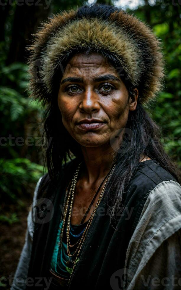 photo of savage tribal woman in the jungle, generative AI