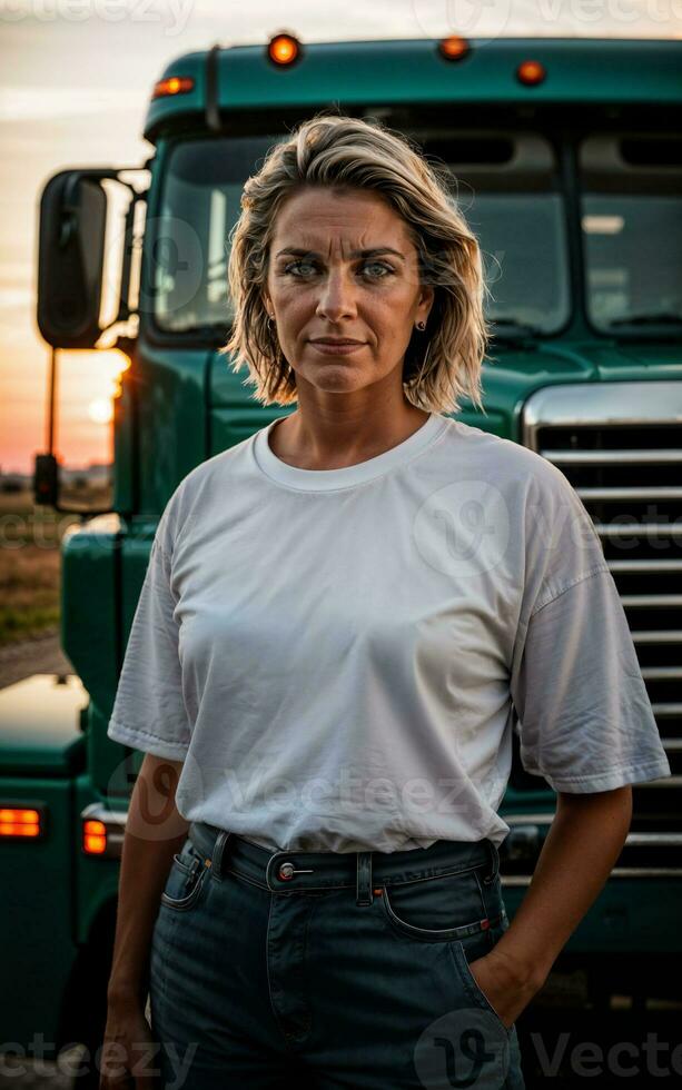 photo of truck driver with truck in background sunset scene generative AI