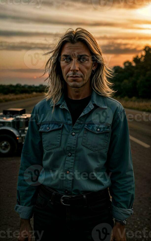 photo of truck driver with truck in background sunset scene generative AI