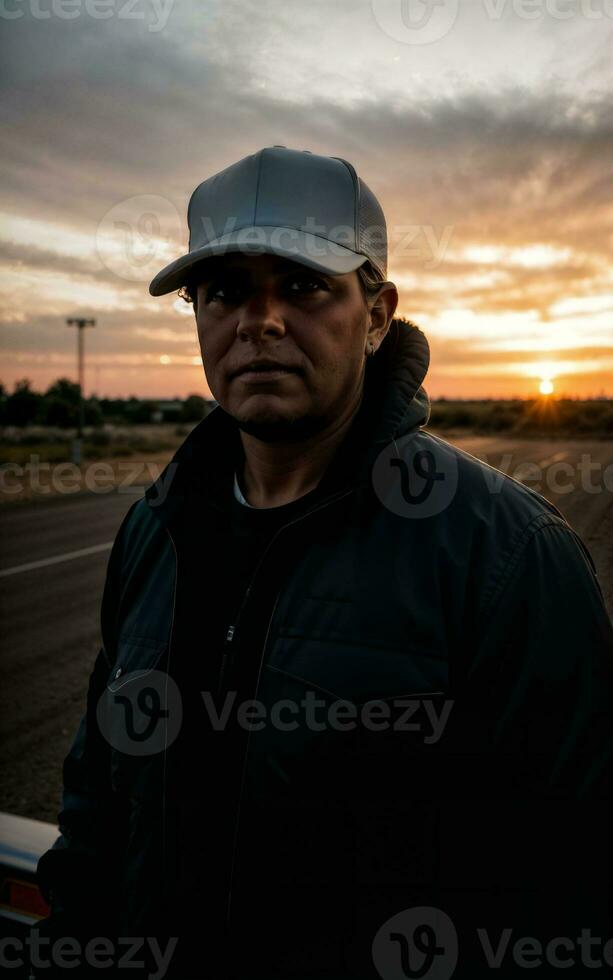 photo of truck driver with truck in background sunset scene generative AI