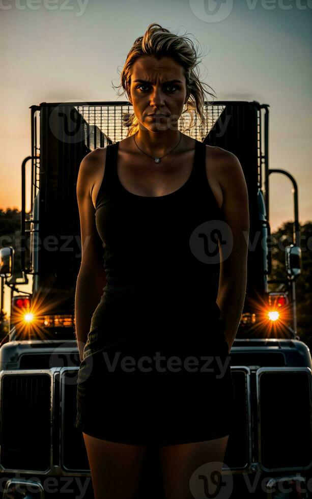foto de camión conductor con camión en antecedentes puesta de sol escena generativo ai