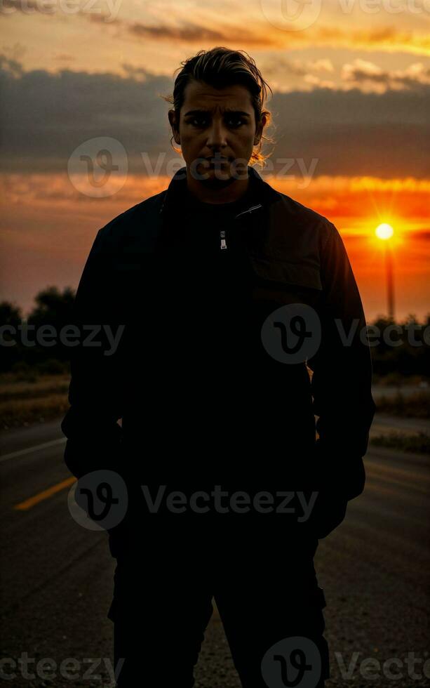 photo of truck driver with truck in background sunset scene generative AI
