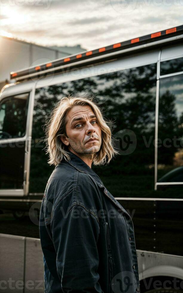 photo of truck driver with truck in background sunset scene generative AI