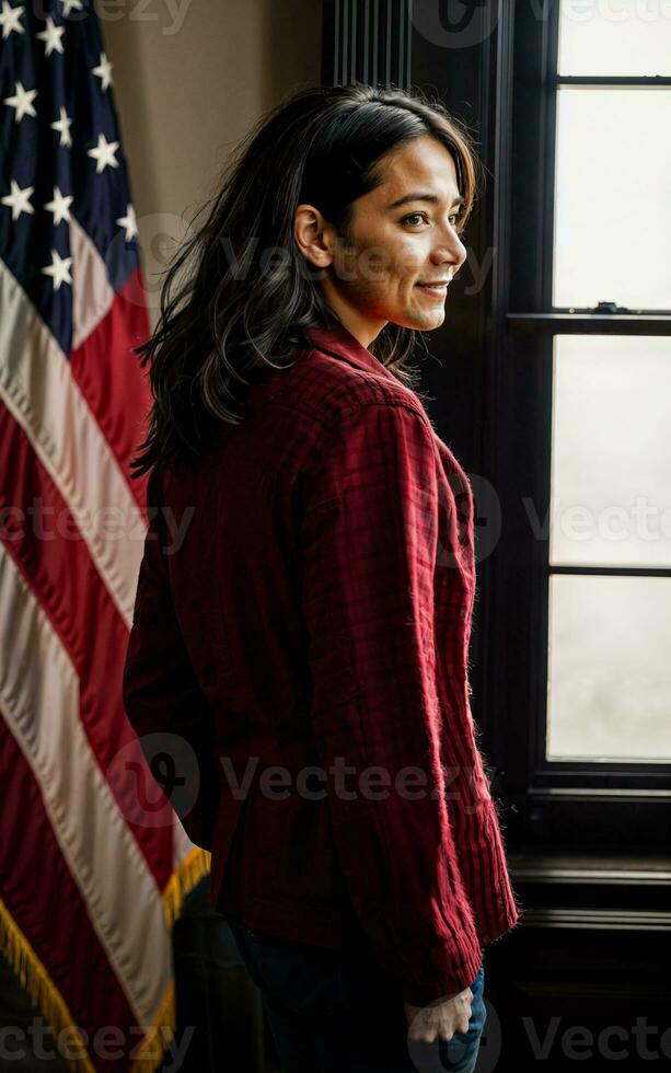 photo of american people with flag, generative AI