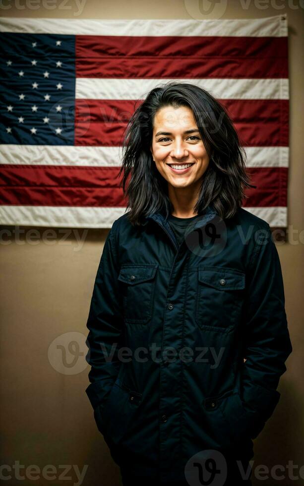 photo of american people with flag, generative AI