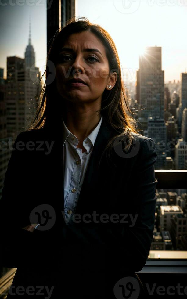 photo of serious office working woman with high rise building in background, generative AI