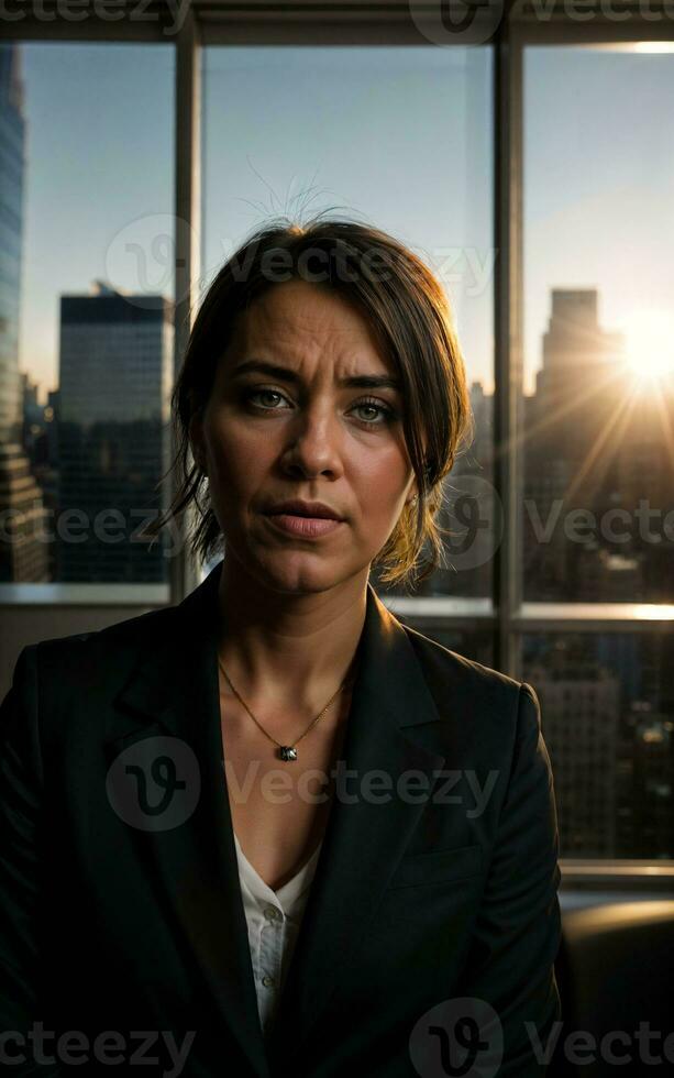 photo of serious office working woman with high rise building in background, generative AI