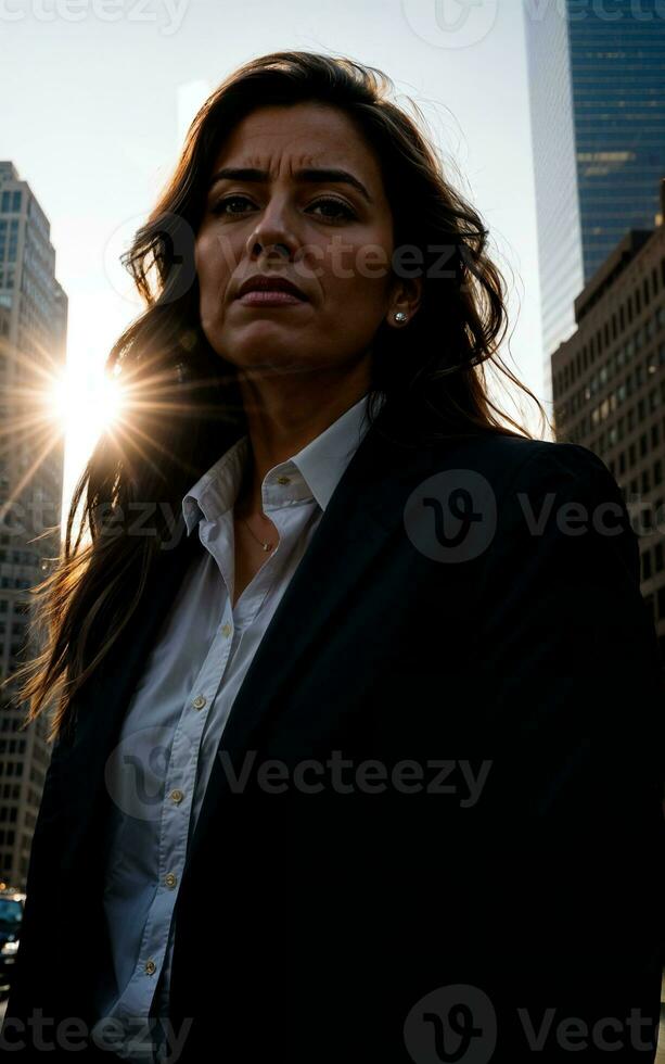 photo of serious office working woman with high rise building in background, generative AI