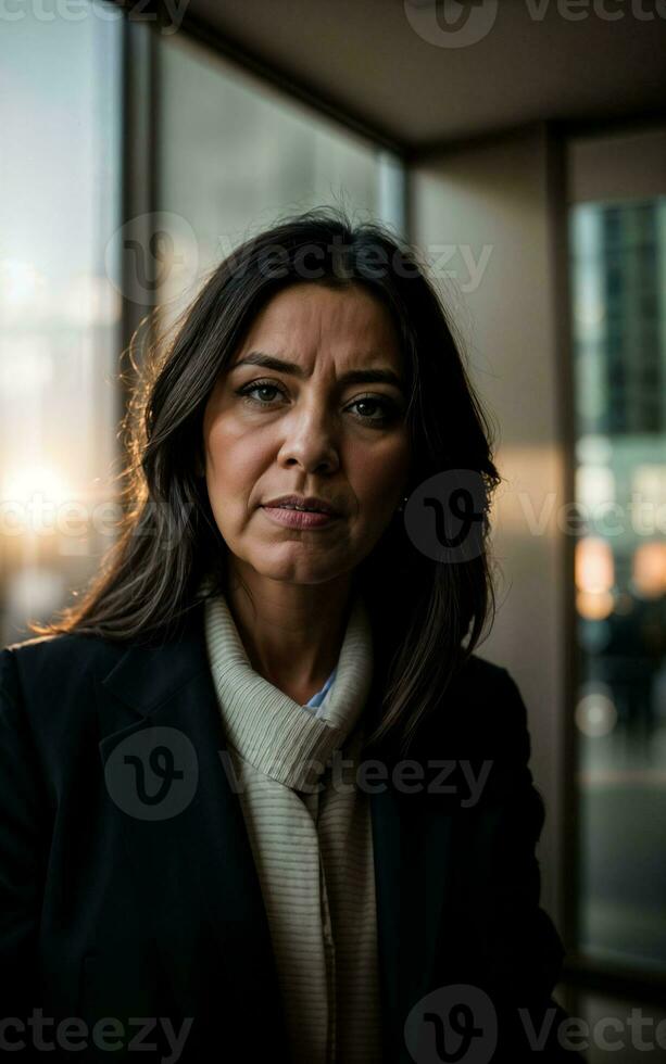photo of serious office working woman with high rise building in background, generative AI