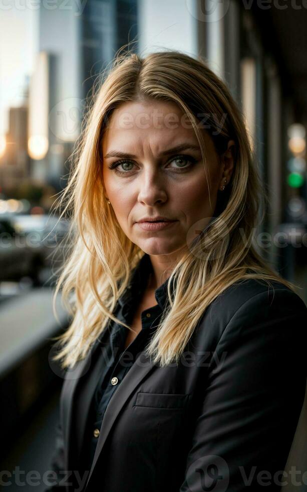 photo of serious office working woman with high rise building in background, generative AI