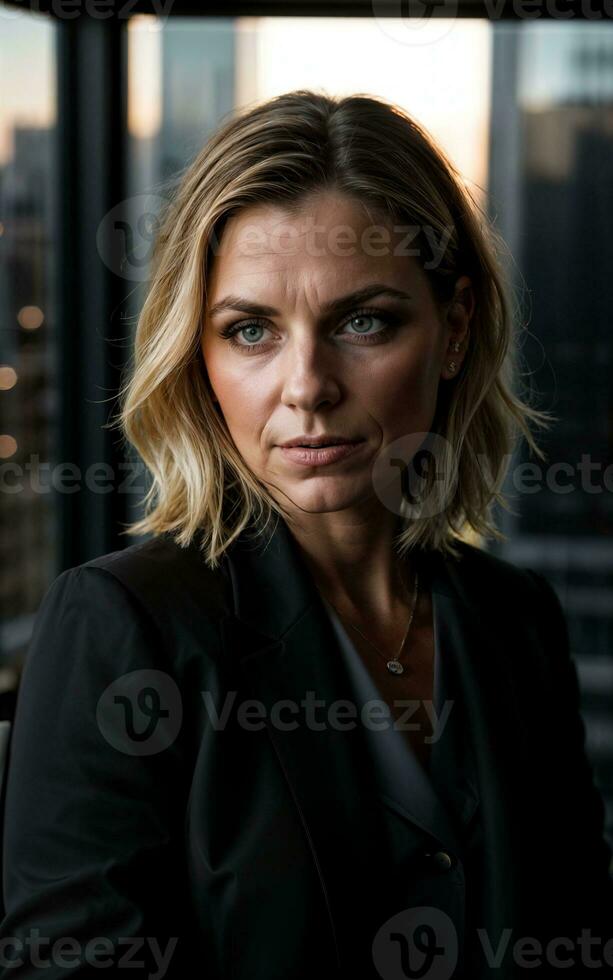 photo of serious office working woman with high rise building in background, generative AI