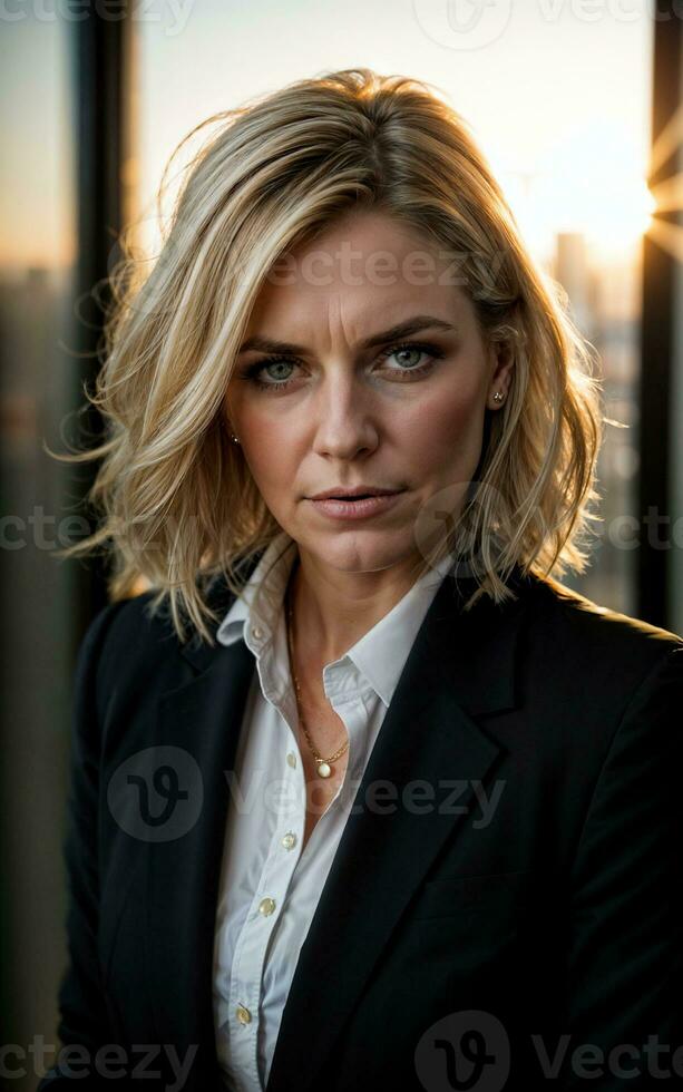 photo of serious office working woman with high rise building in background, generative AI