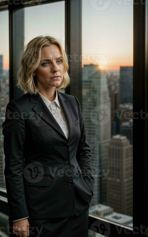 photo of serious office working woman with high rise building in background, generative AI