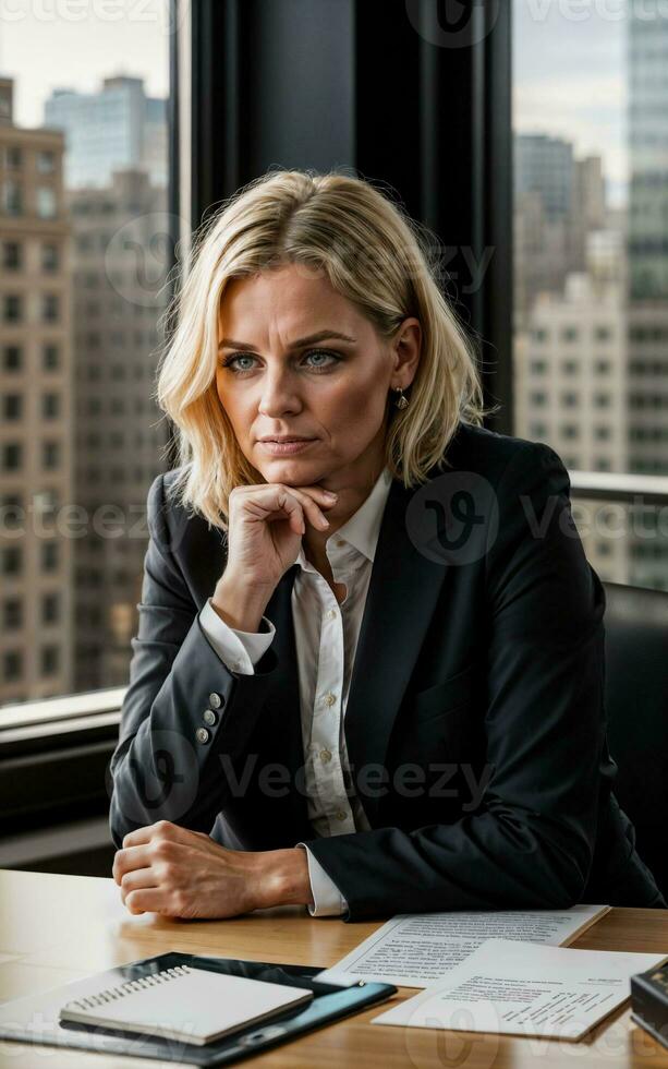 photo of serious office working woman with high rise building in background, generative AI