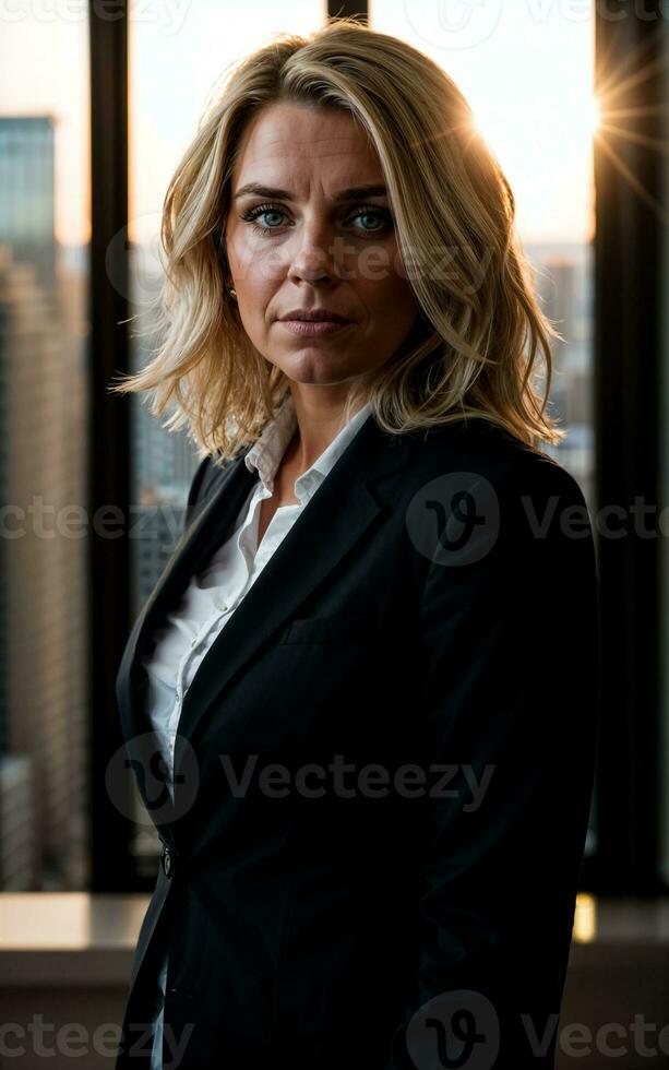photo of serious office working woman with high rise building in background, generative AI