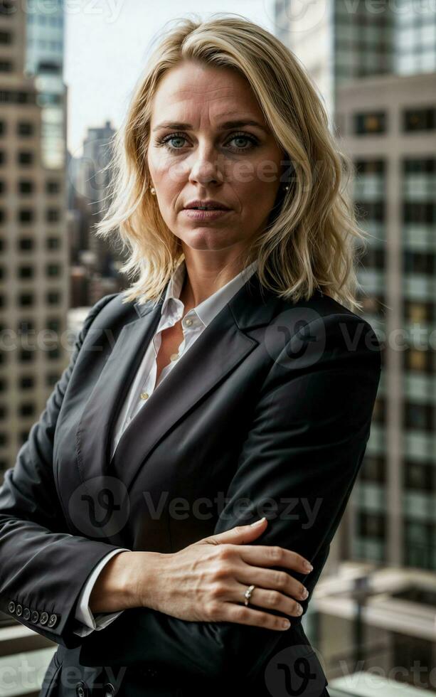 photo of serious office working woman with high rise building in background, generative AI