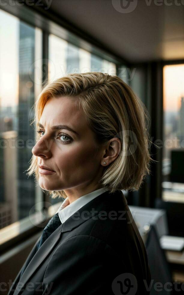 photo of serious office working woman with high rise building in background, generative AI