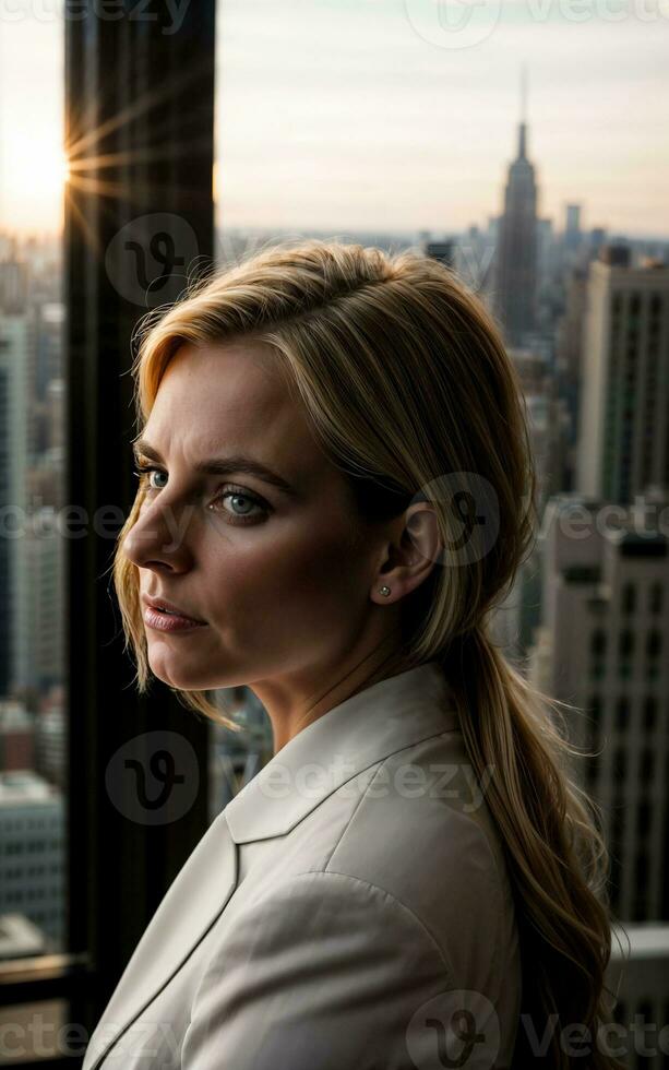 photo of serious office working woman with high rise building in background, generative AI
