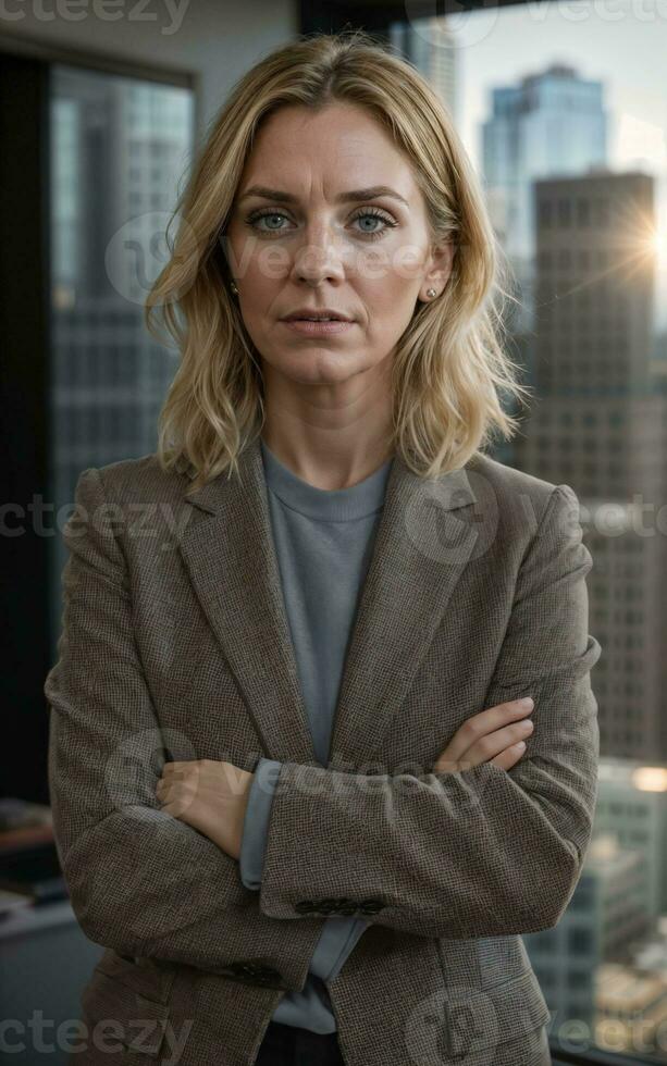 photo of serious office working woman with high rise building in background, generative AI