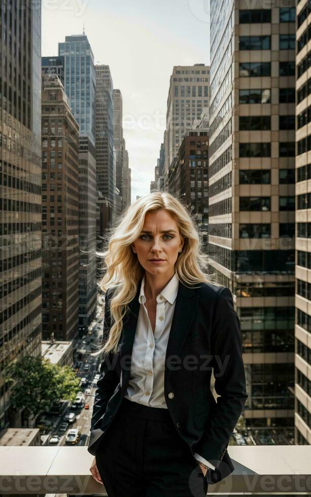 photo of serious office working woman with high rise building in background, generative AI