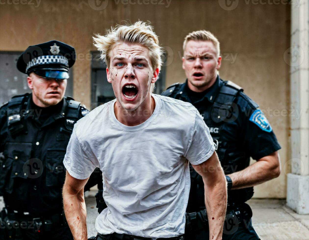 photo of angry boy teenager under control with police, generative AI