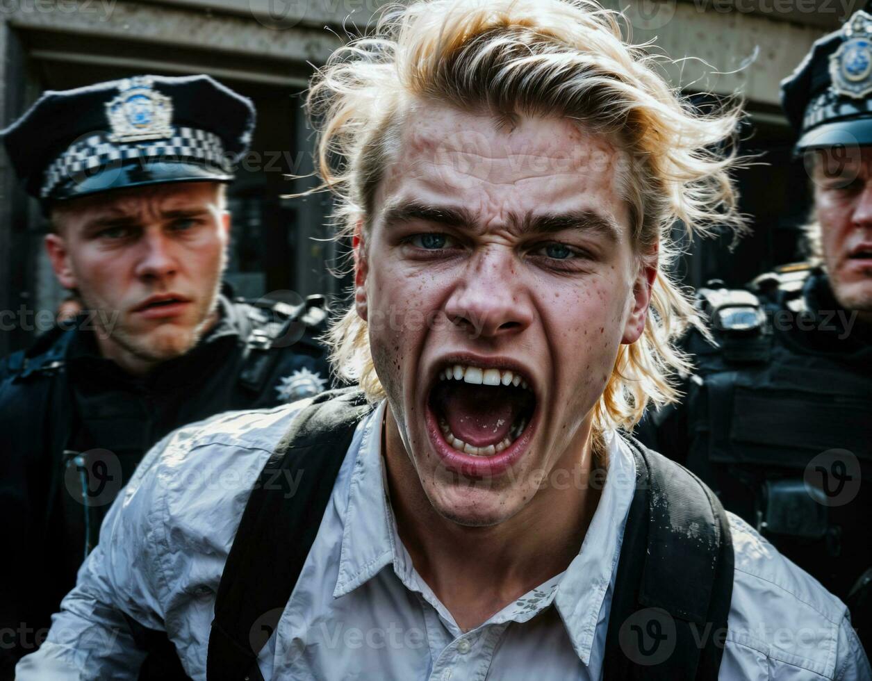 photo of angry boy teenager under control with police, generative AI