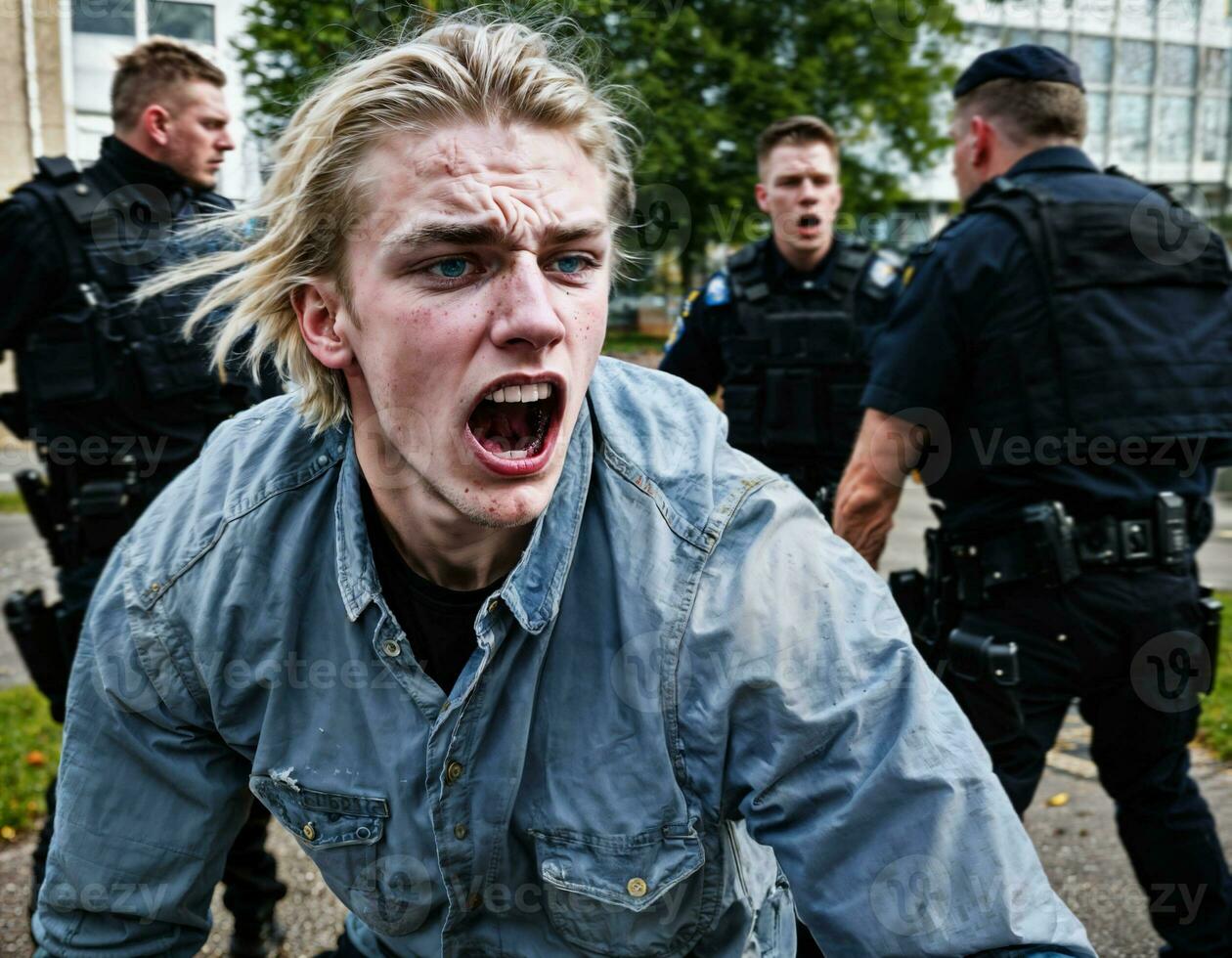 photo of angry boy teenager under control with police, generative AI