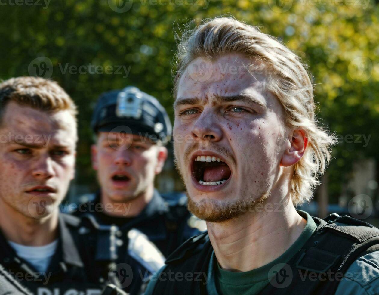 photo of angry boy teenager under control with police, generative AI