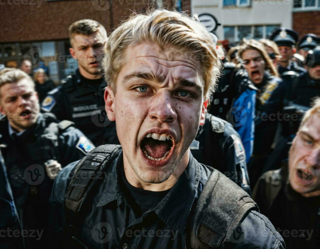 photo of angry boy teenager under control with police, generative AI