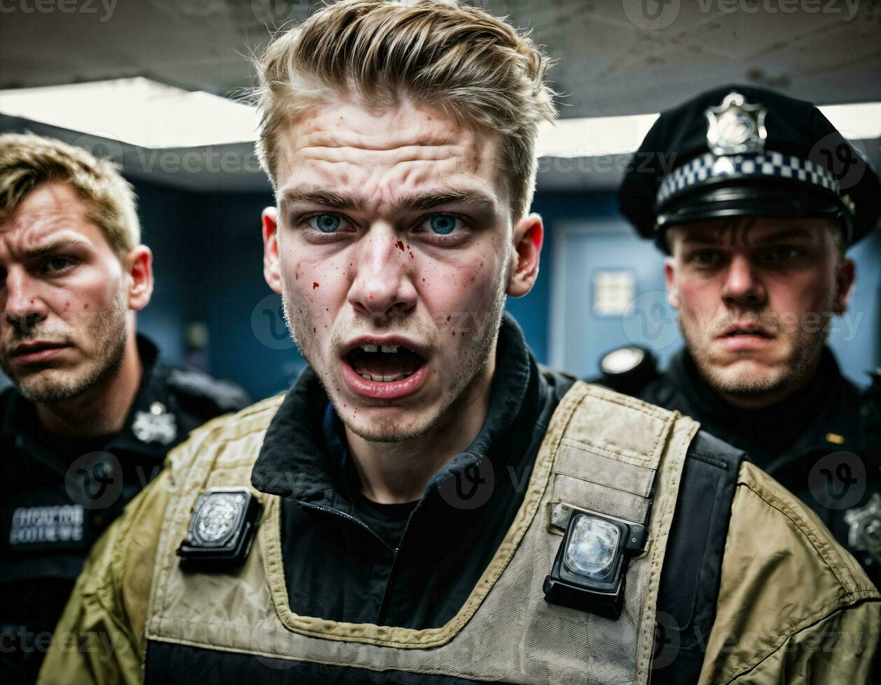 photo of angry boy teenager under control with police, generative AI