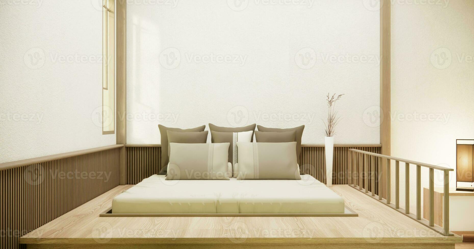 Japan style empty room decorated with wooden bed, white wall and wooden wall. photo