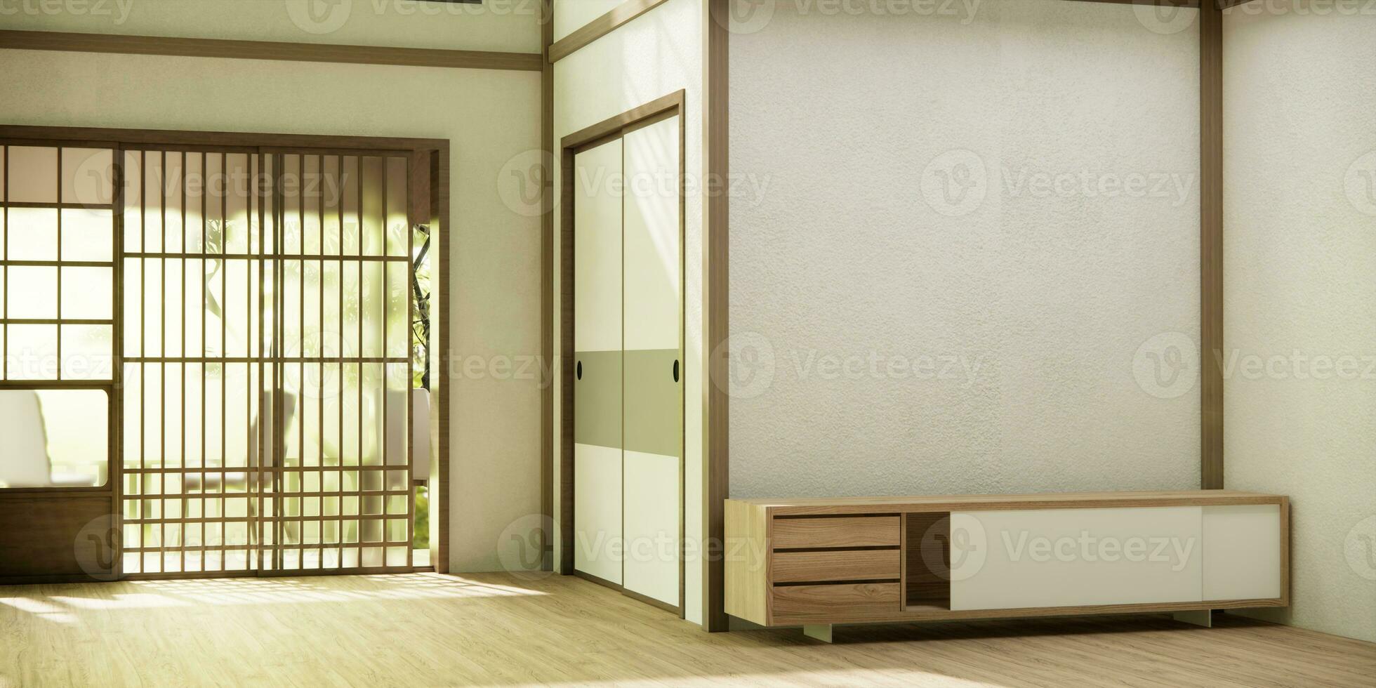 cabinet in hallway Clean japanese minimalist room interior. photo