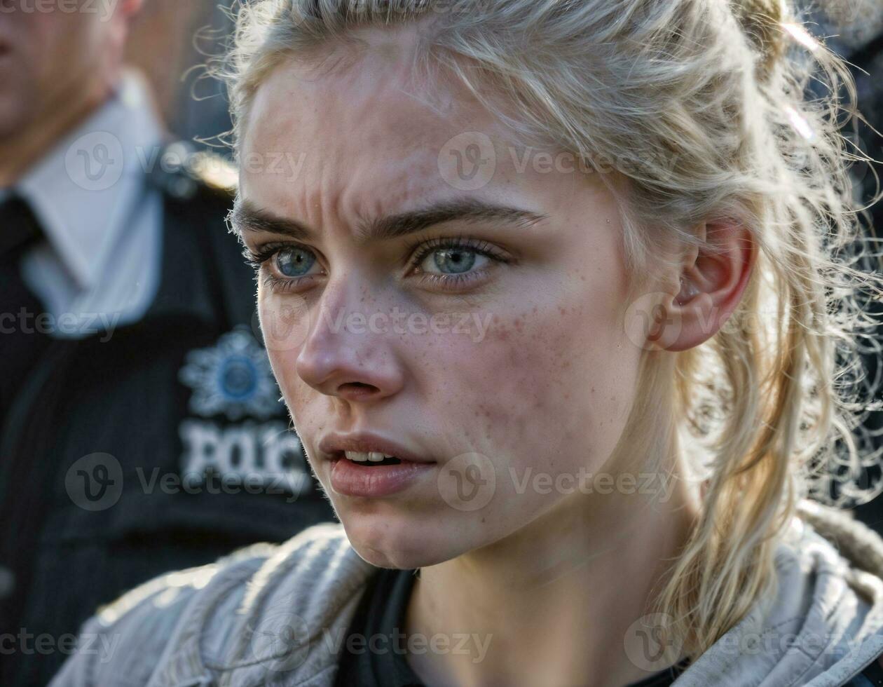 photo of angry girl teenager under control with police, generative AI