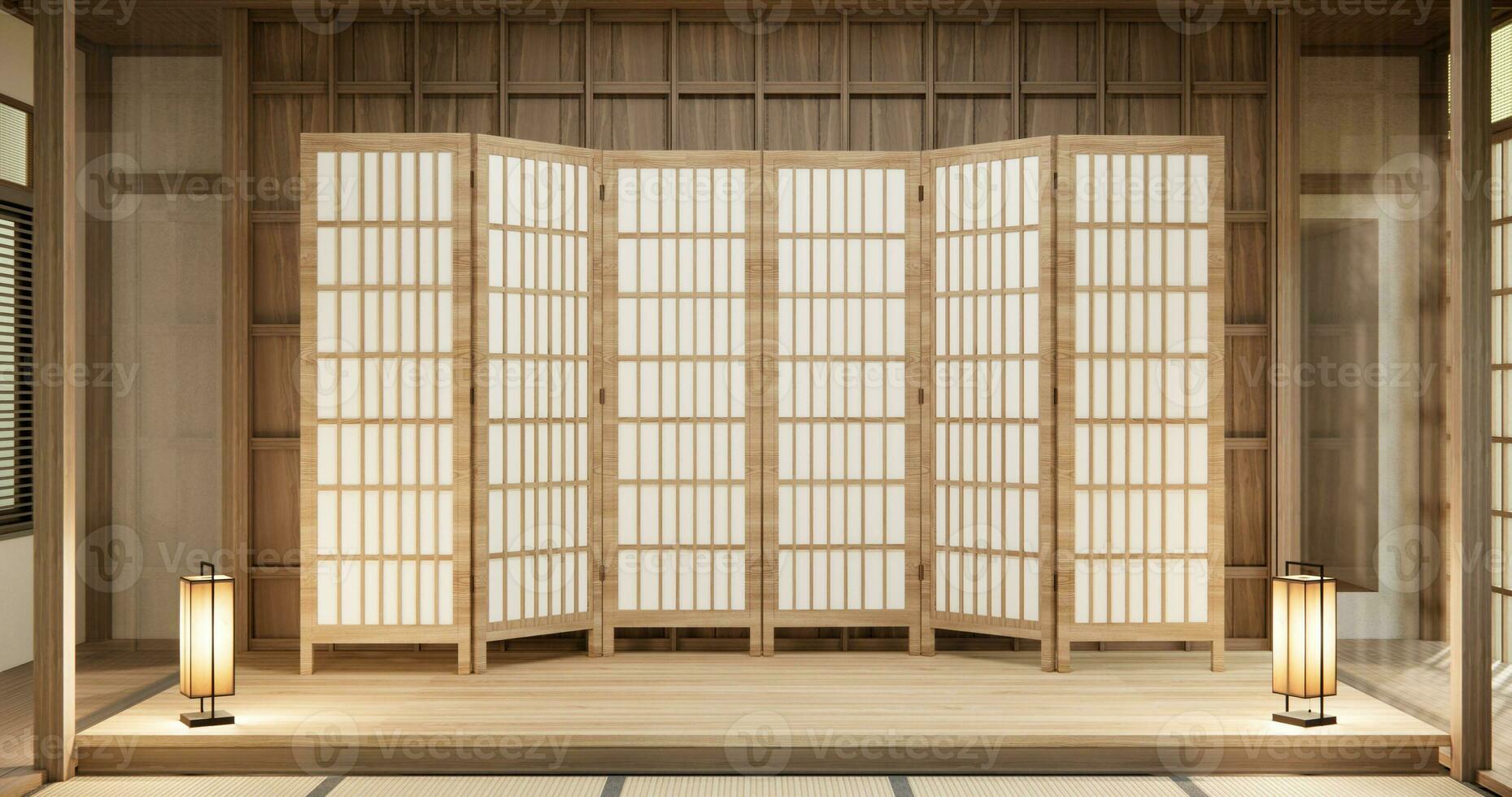 Interior, Empty room and tatami mat floor room japanese style. photo