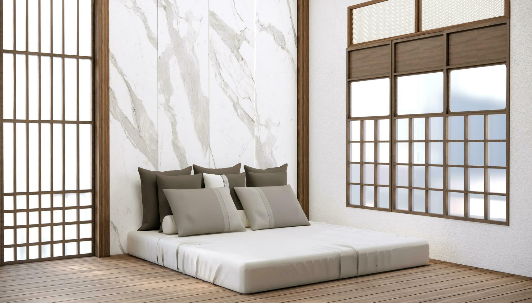 moderno Japón estilo dormitorio decorado y minimalista cama. foto