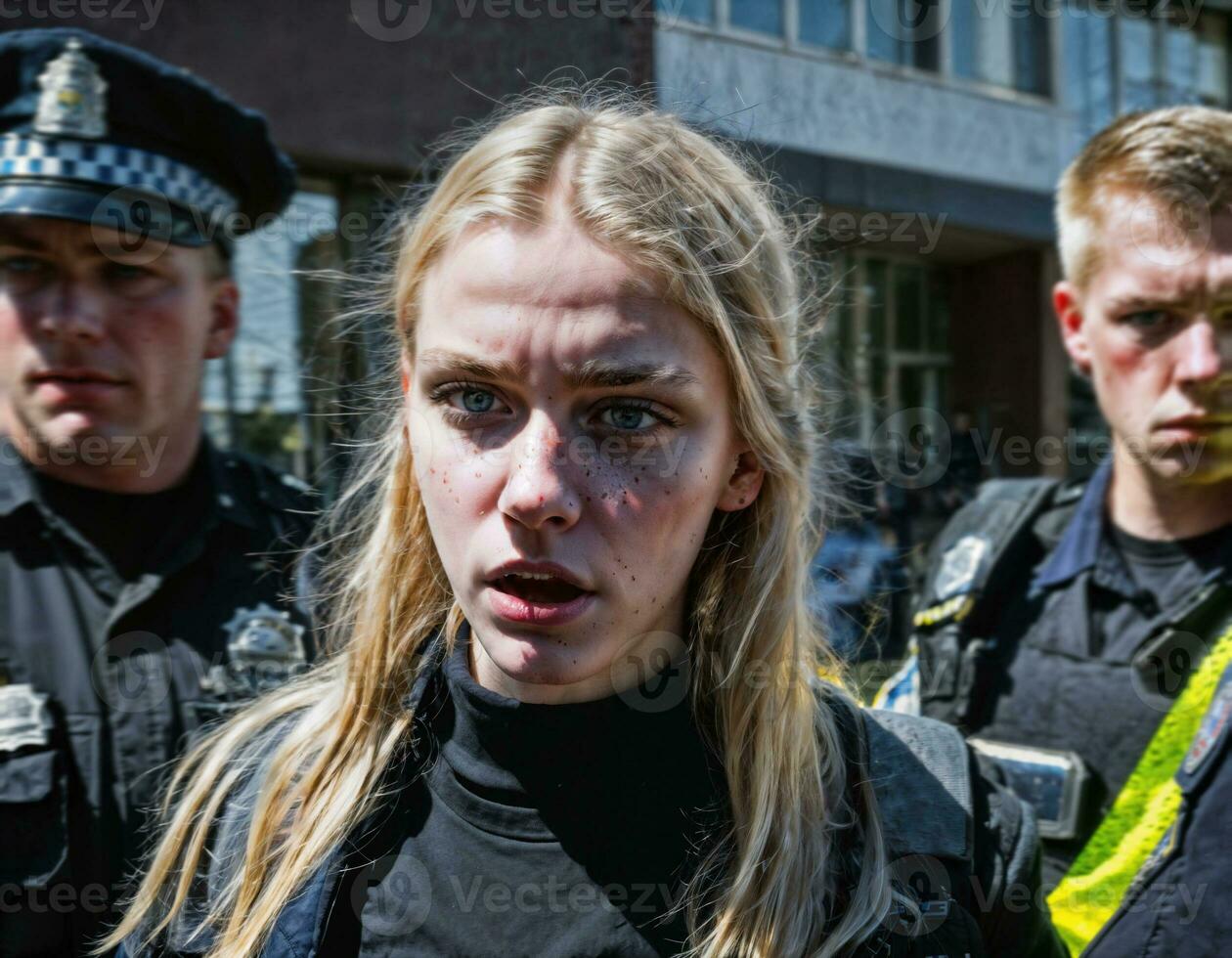 photo of angry girl teenager under control with police, generative AI