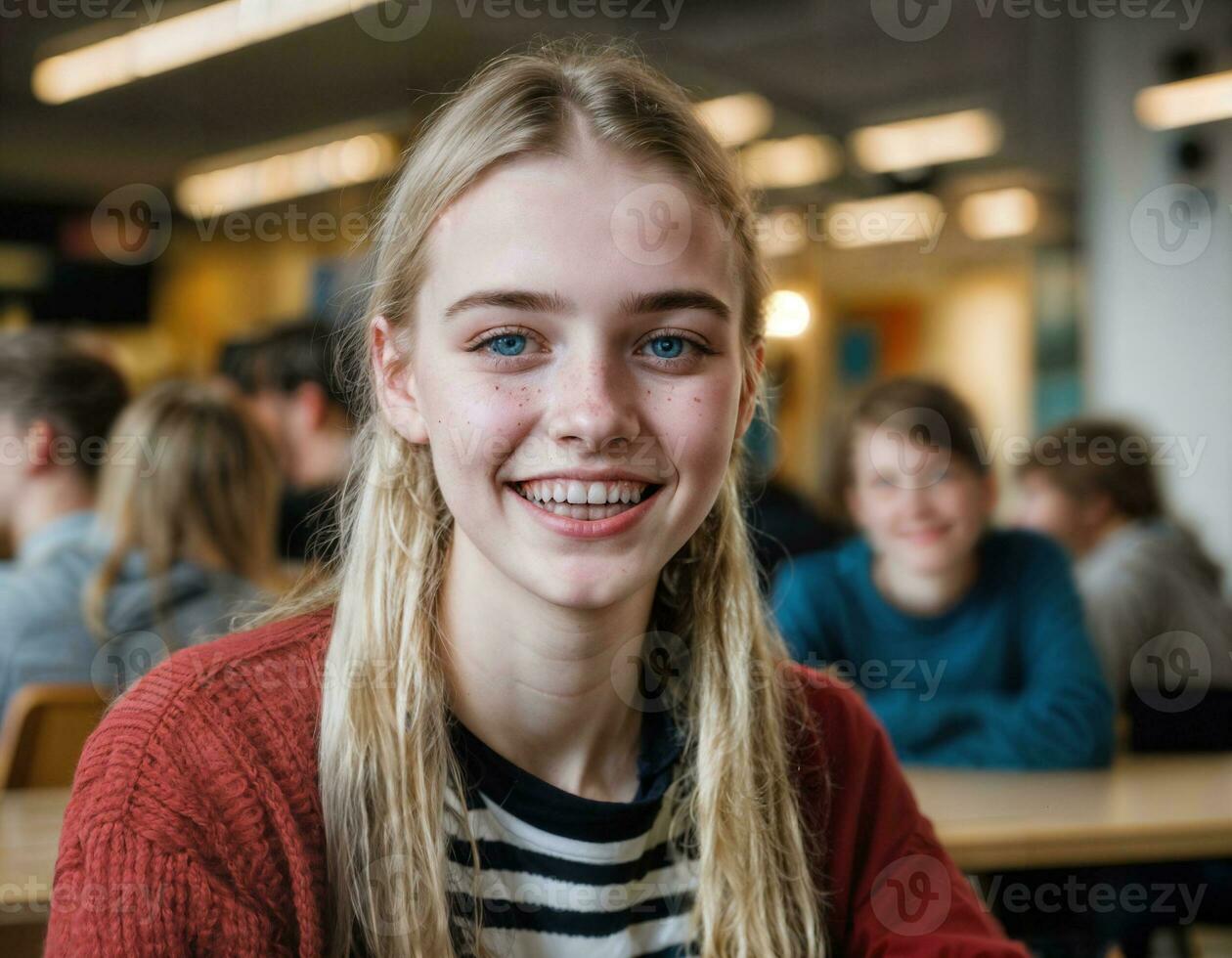 foto de contento niña adolescente en cantina escuela, generativo ai