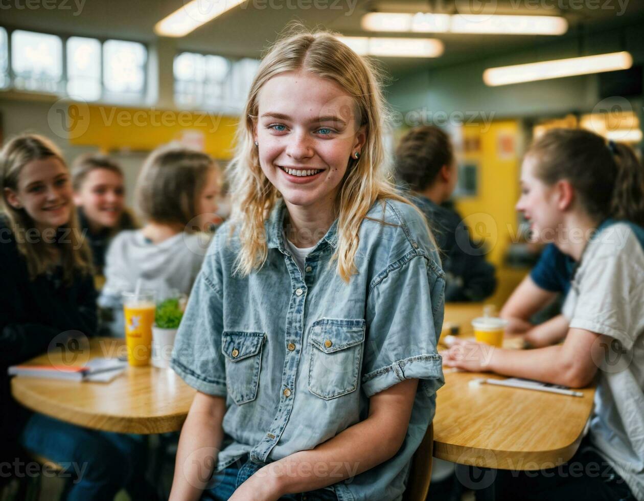 photo of happy girl teenager in canteen school, generative AI