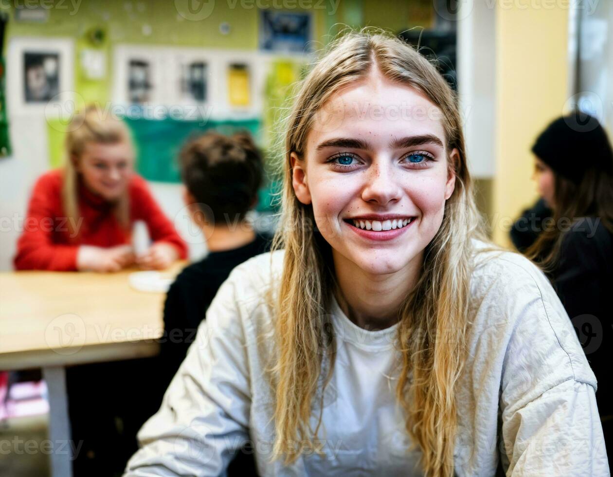 foto de contento niña adolescente en cantina escuela, generativo ai