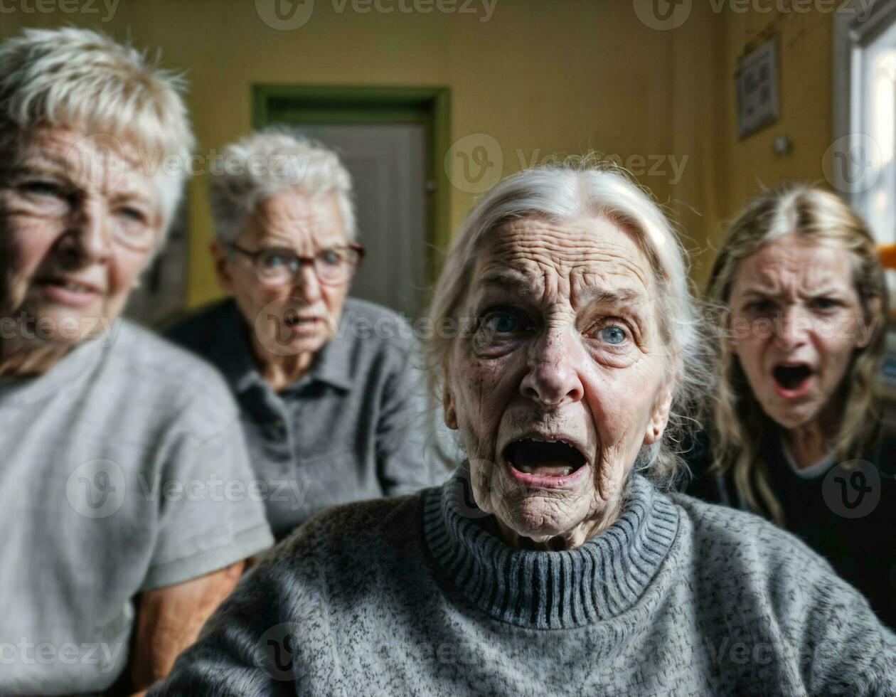 photo of angry senior people in nursing home, generative AI