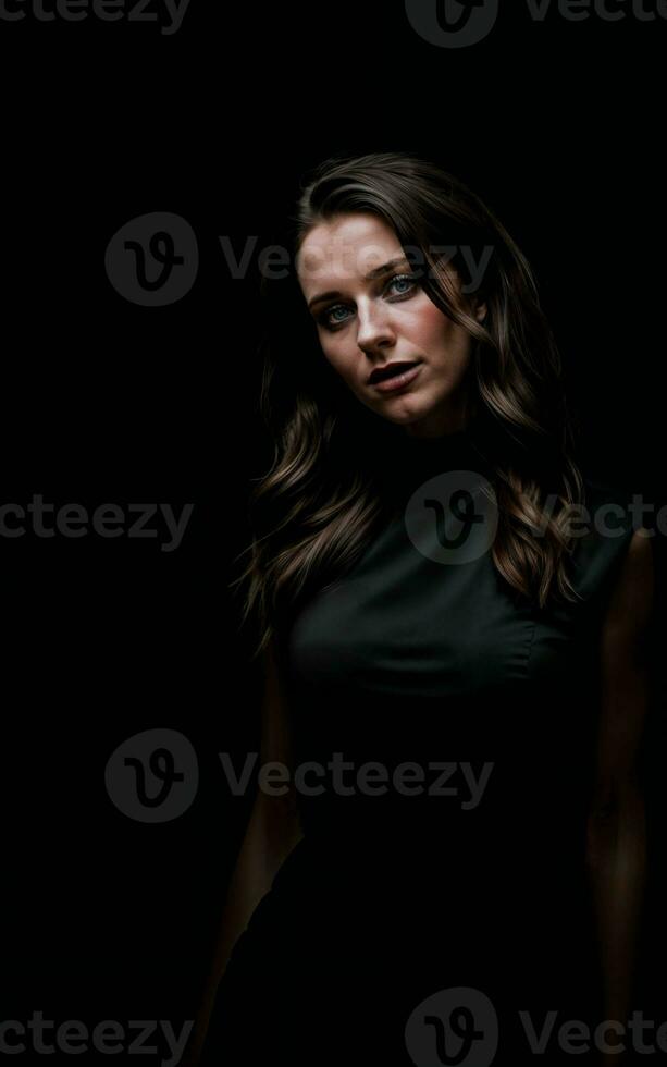 photo of woman wearing a black dress on black background, generative AI