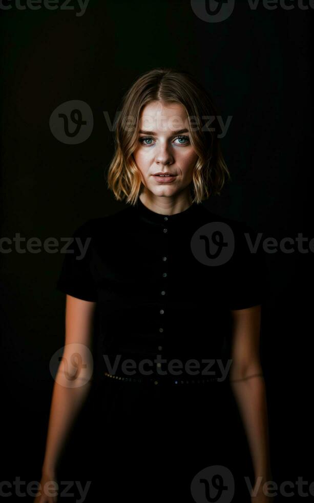 photo of woman wearing a black dress on black background, generative AI