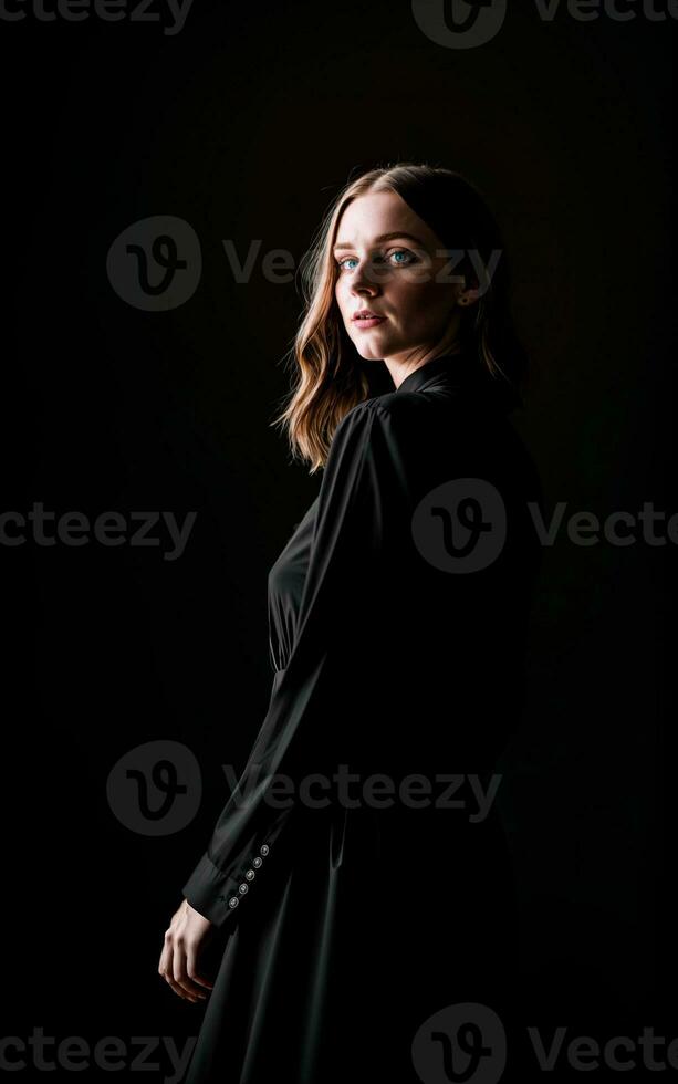 photo of woman wearing a black dress on black background, generative AI