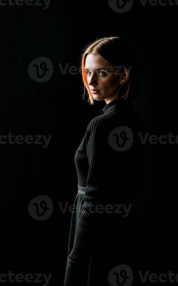 photo of woman wearing a black dress on black background, generative AI