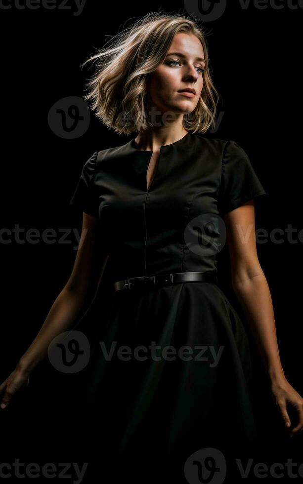 photo of woman wearing a black dress on black background, generative AI