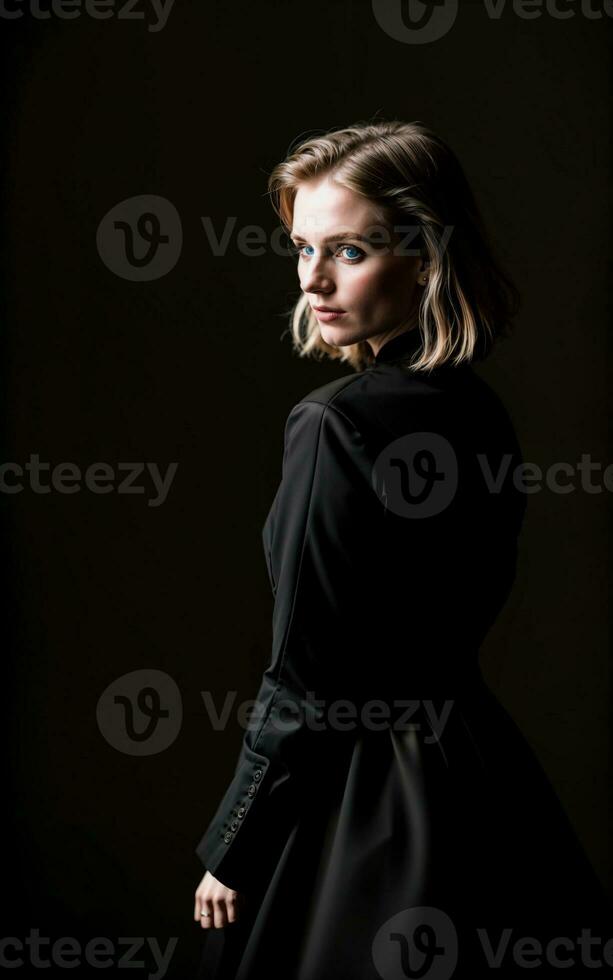 foto de mujer vistiendo un negro vestir en negro fondo, generativo ai