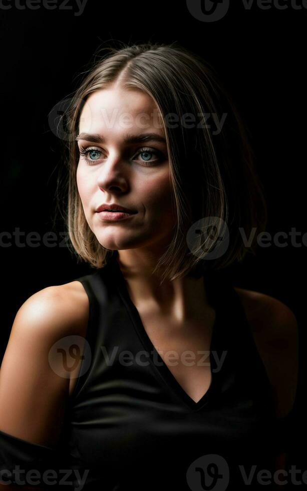 photo of woman wearing a black dress on black background, generative AI